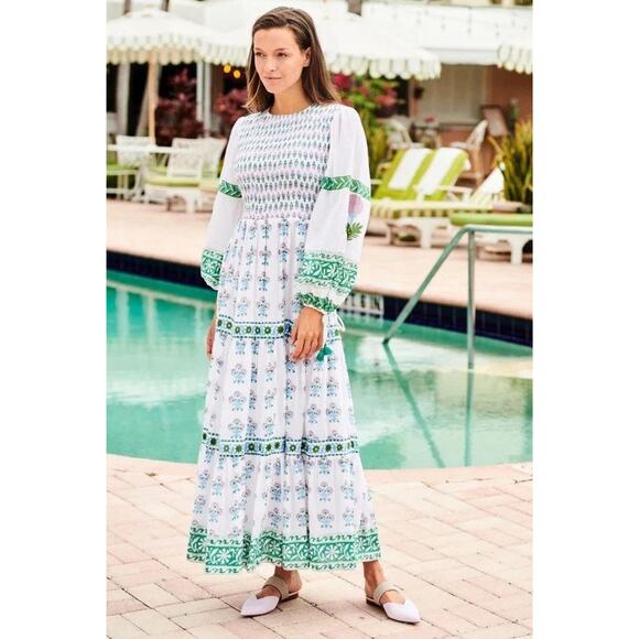 OLIPHANT Smocked Top Ballon Sleeve Provence Print Maxi Dress Size XS - Picture 1 of 13